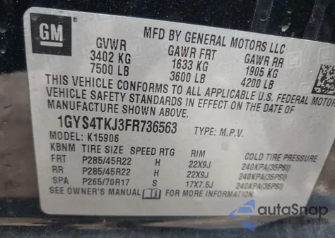 2015 Cadillac Escalade Esv Premium z USA, uszkodzony, nr VIN 1GYS4TKJ3FR736563